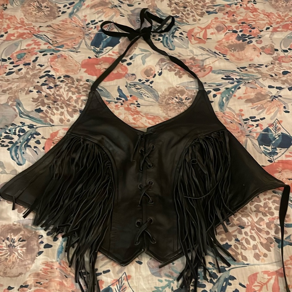 Vintage leather fringe halter top